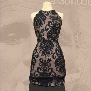 ROYAL NAVY BLUE LACE OVER BEIGE STUNNING ELEGANCE HALTER MINI DRESS